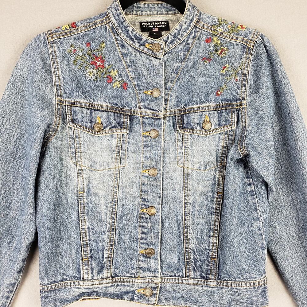 Polo Ralph Lauren‎ Size M Needlepoint Embroidered Denim Trucker Jacket Scandi - Picture 2 of 11